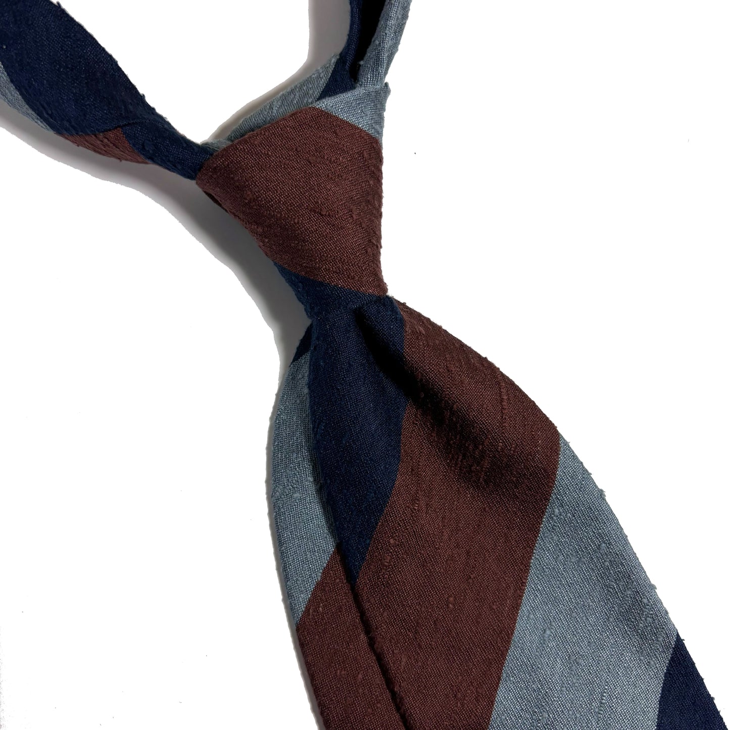 Untipped Navy / Light Blue / Brown Block Stripe Silk Shantung Tie