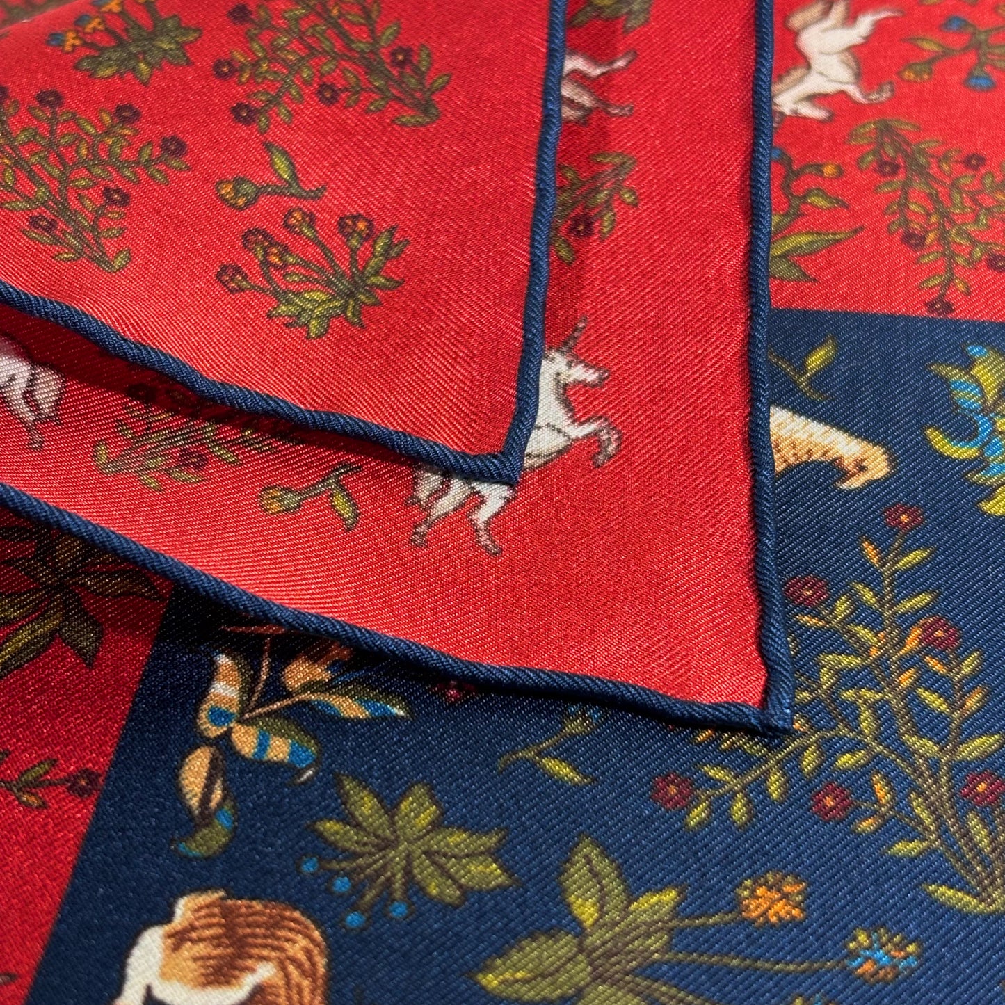 Navy Blue & Red Unicorn Motif Ancient Madder Silk Pocket Square