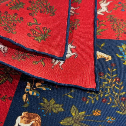 Navy Blue & Red Unicorn Motif Ancient Madder Silk Pocket Square