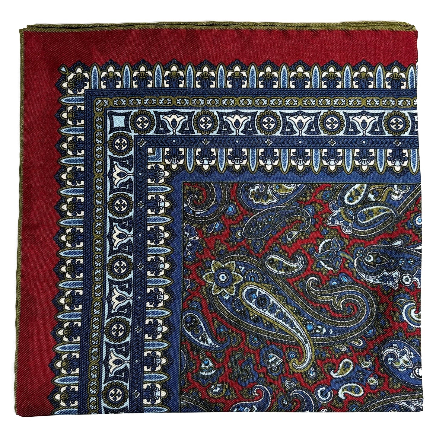 Burgundy & Olive Green Paisley Silk Pocket Square