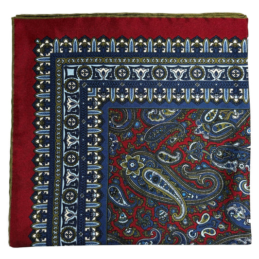 Burgundy & Olive Green Paisley Silk Pocket Square