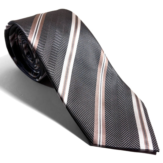 Gray & Beige Striped Silk Jacquard Tie