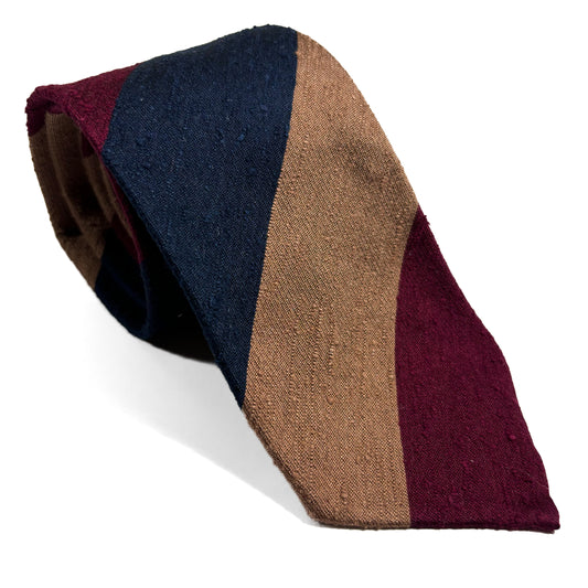 Burgundy / Navy Blue / Beige Block Stripe Untipped Silk Shantung Tie