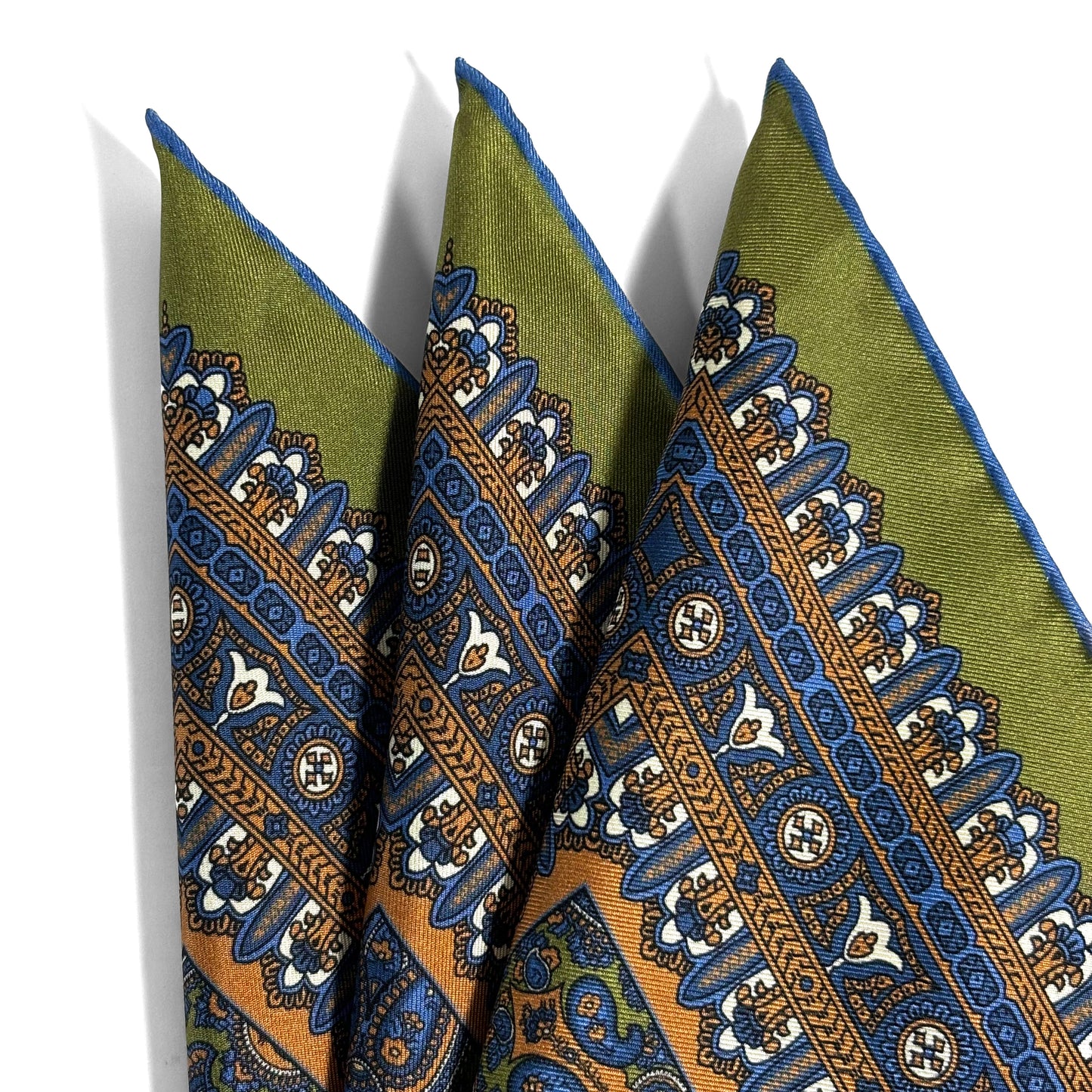Olive Green & Orange Paisley Silk Pocket Square