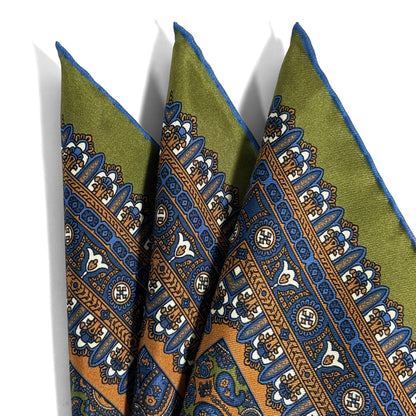 Olive Green & Orange Paisley Silk Pocket Square