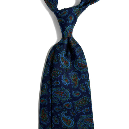 Hand-Printed Navy Blue Paisley Silk Tie