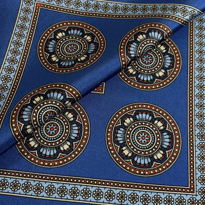 Blue & Orange Medallion Silk Pocket Square