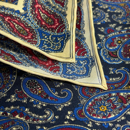 Navy Blue & Cream Paisley Ancient Madder Silk Pocket Square