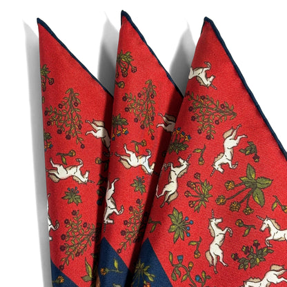 Navy Blue & Red Unicorn Motif Ancient Madder Silk Pocket Square
