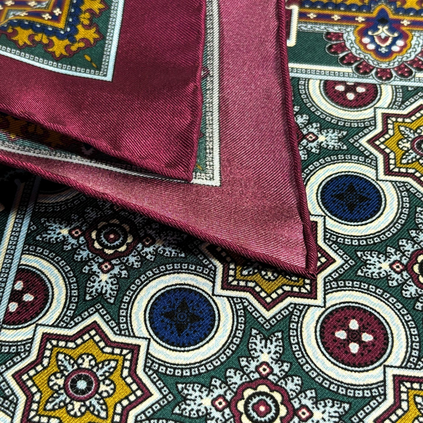 Burgundy & Green Geometric Silk Pocket Square