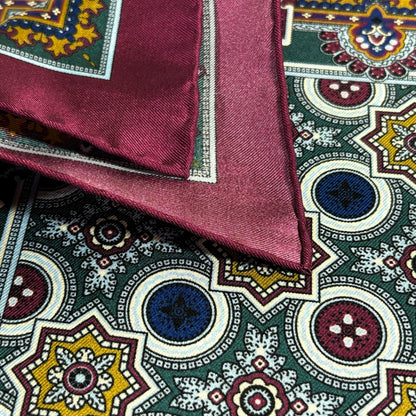 Burgundy & Green Geometric Silk Pocket Square