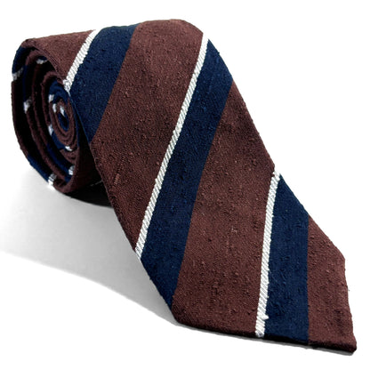 Untipped Rust Brown / Navy Striped Silk Shantung Tie