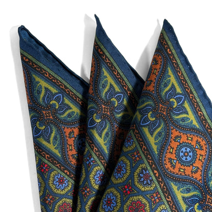 Olive Green & Navy Blue Geometric Ancient Madder Silk Pocket Square