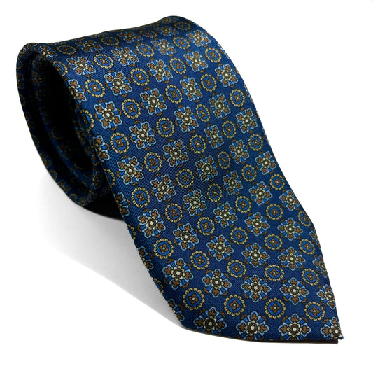 Navy Blue Geometric Foulard Printed Silk Twill Tie