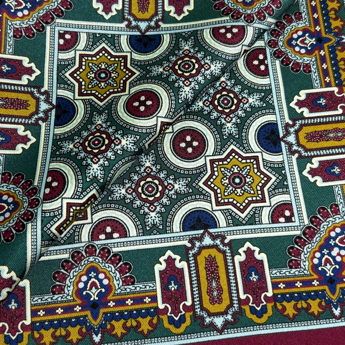 Burgundy & Green Geometric Silk Pocket Square