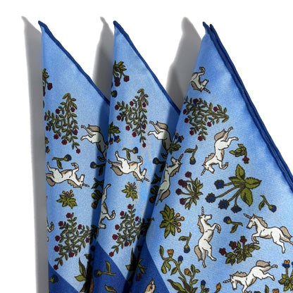 Light Blue & Blue Unicorn Motif Ancient Madder Silk Pocket Square