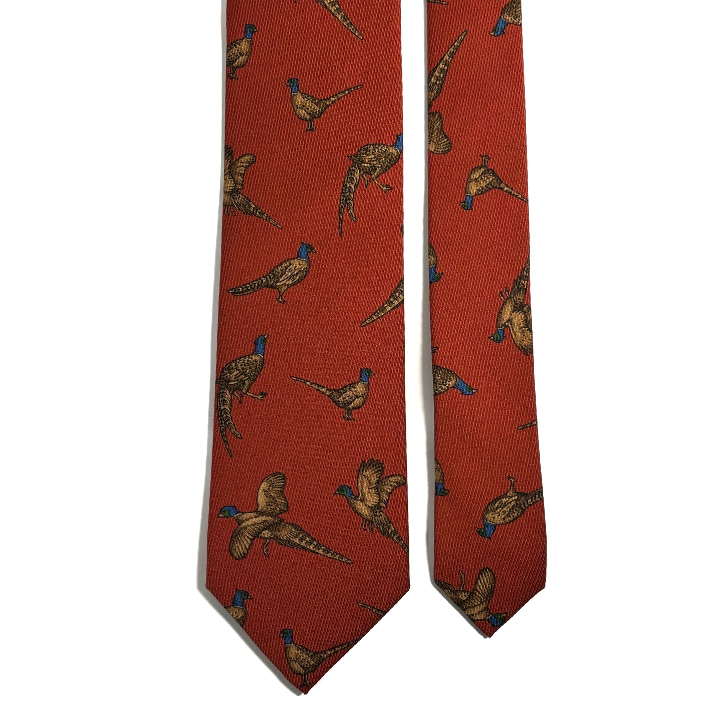 Terracotta Orange Pheasant Print Italian Madder Silk Tie