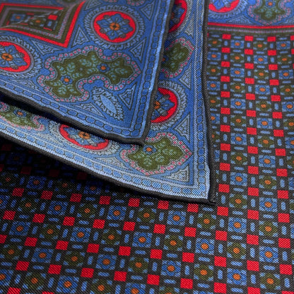 Blue & Red Small Geometric Ancient Madder Silk Pocket Square