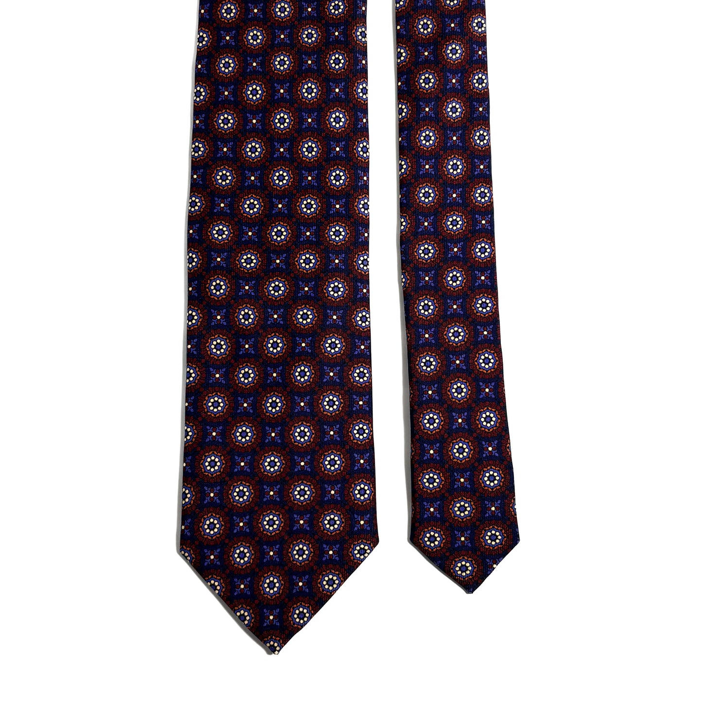 Hand-Printed Navy Blue & Burgundy Geometric Ancient Madder Silk Tie