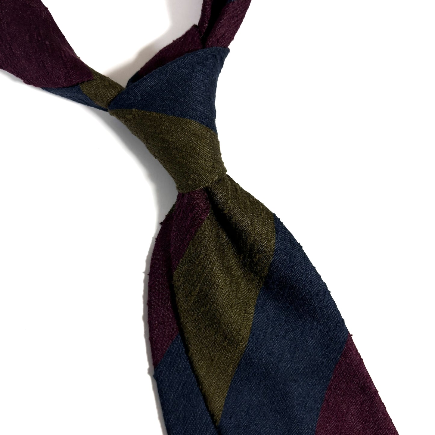 Untipped Navy Blue / Olive Green / Burgundy Block Stripe Silk Shantung Tie