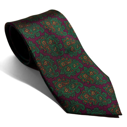 Hand-Printed Wine Red & Green Paisley Ancient Madder Silk Tie