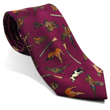 Wine Red Hunting Motif Printed 36oz Silk Twill Tie