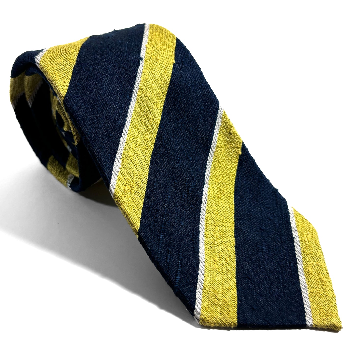 Untipped Navy Blue & Lemon Yellow Striped Silk Shantung Tie