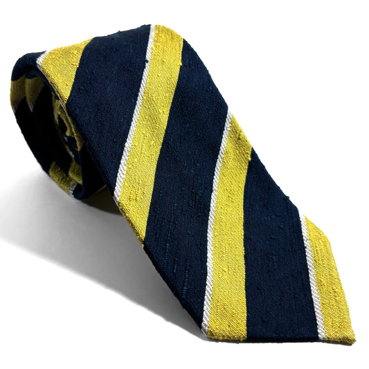 Untipped Navy Blue & Lemon Yellow Striped Silk Shantung Tie
