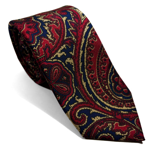 Slim Screen-Printed Navy Blue & Red Paisley Silk Tie