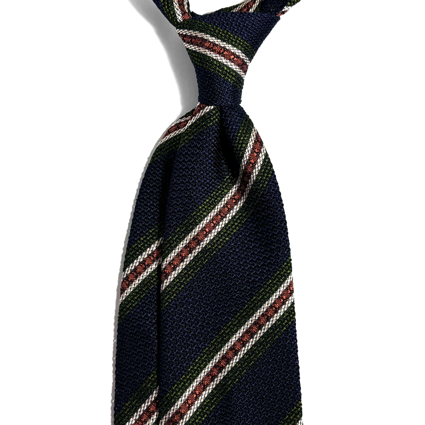 Navy Blue & Orange/Green Stripe Silk Grenadine Tie (Garza Fina)
