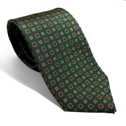 Green Geometric Floral Silk Hopsack Tie