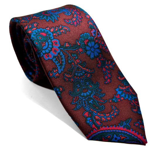 Slim Screen-Printed Brown Floral Paisley Silk Tie