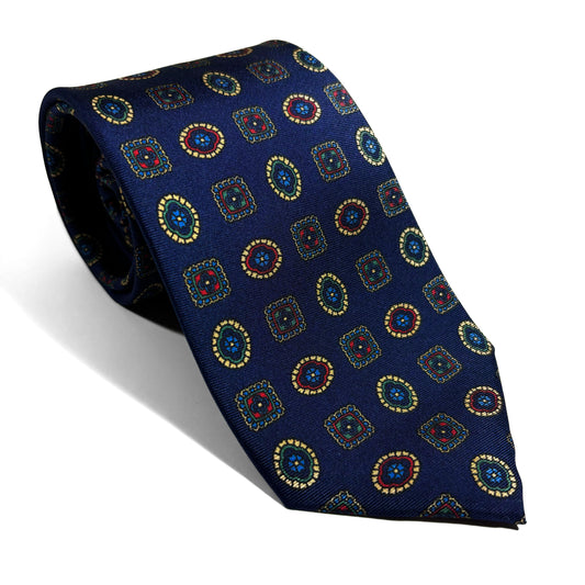 Navy Blue Geometric Medallion Silk Tie