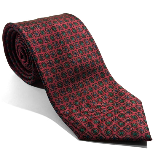 Hand-Printed Brick Red Geometric Silk Tie