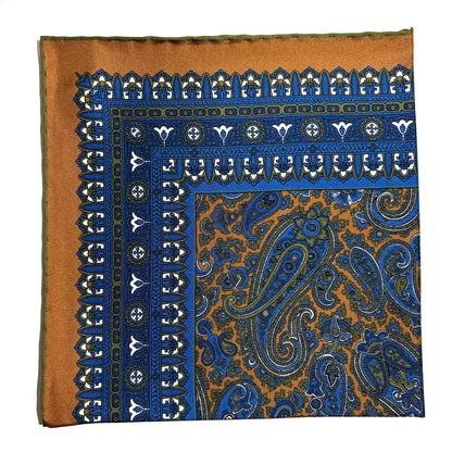 Honey Orange & Blue Paisley Silk Pocket Square