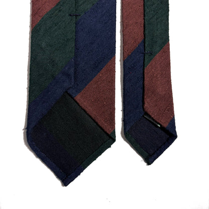 Untipped Navy Blue / Green / Brown Block Stripe Silk Shantung Tie