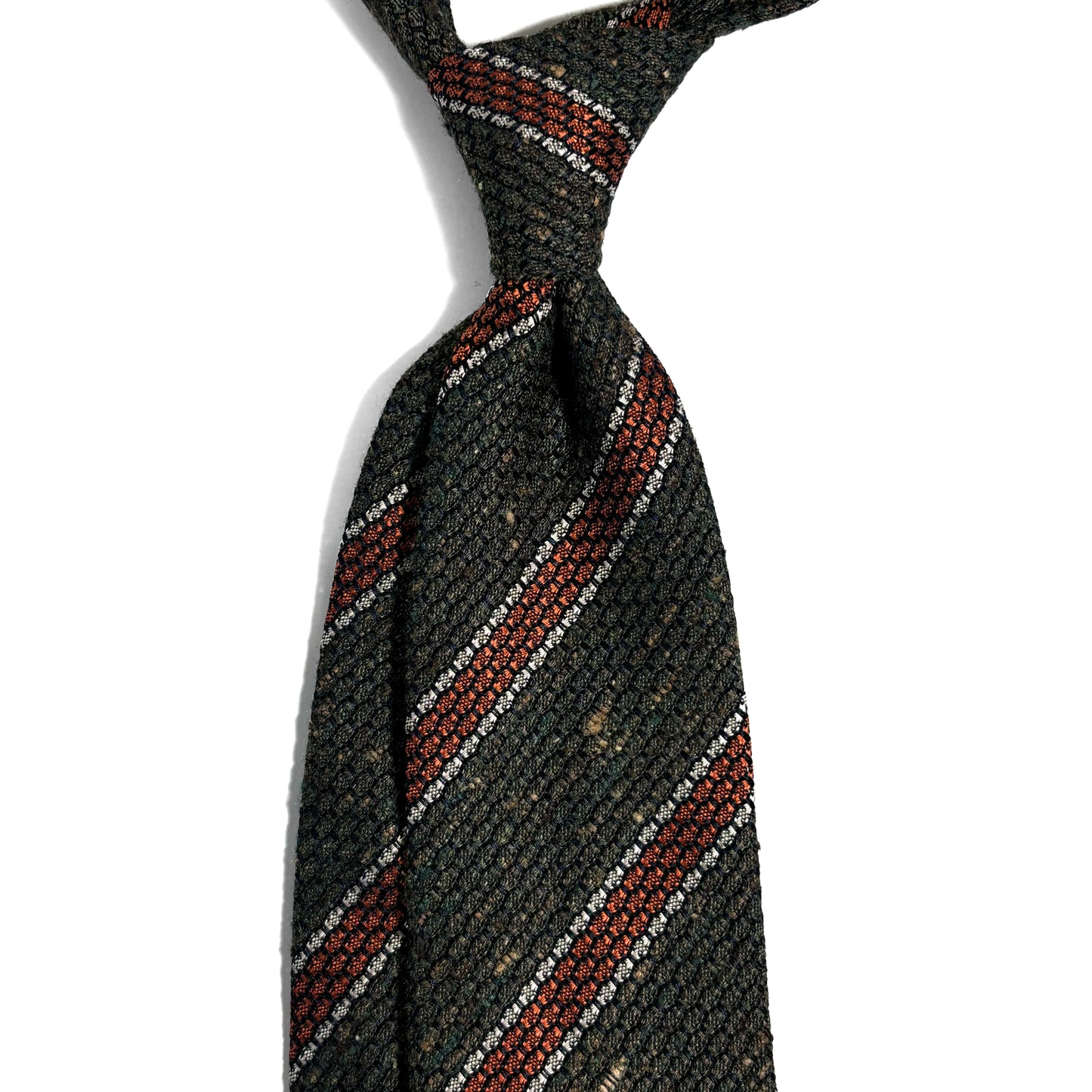 Earthy Green & Orange Striped Tussah Jaspe Silk Grenadine Tie (Garza Grossa)