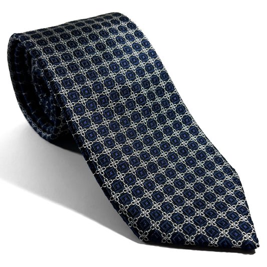 Navy Blue & Silver Geometric Silk Jacquard Tie