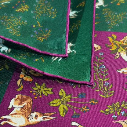 Forest Green & Purple Unicorn Motif Ancient Madder Silk Pocket Square