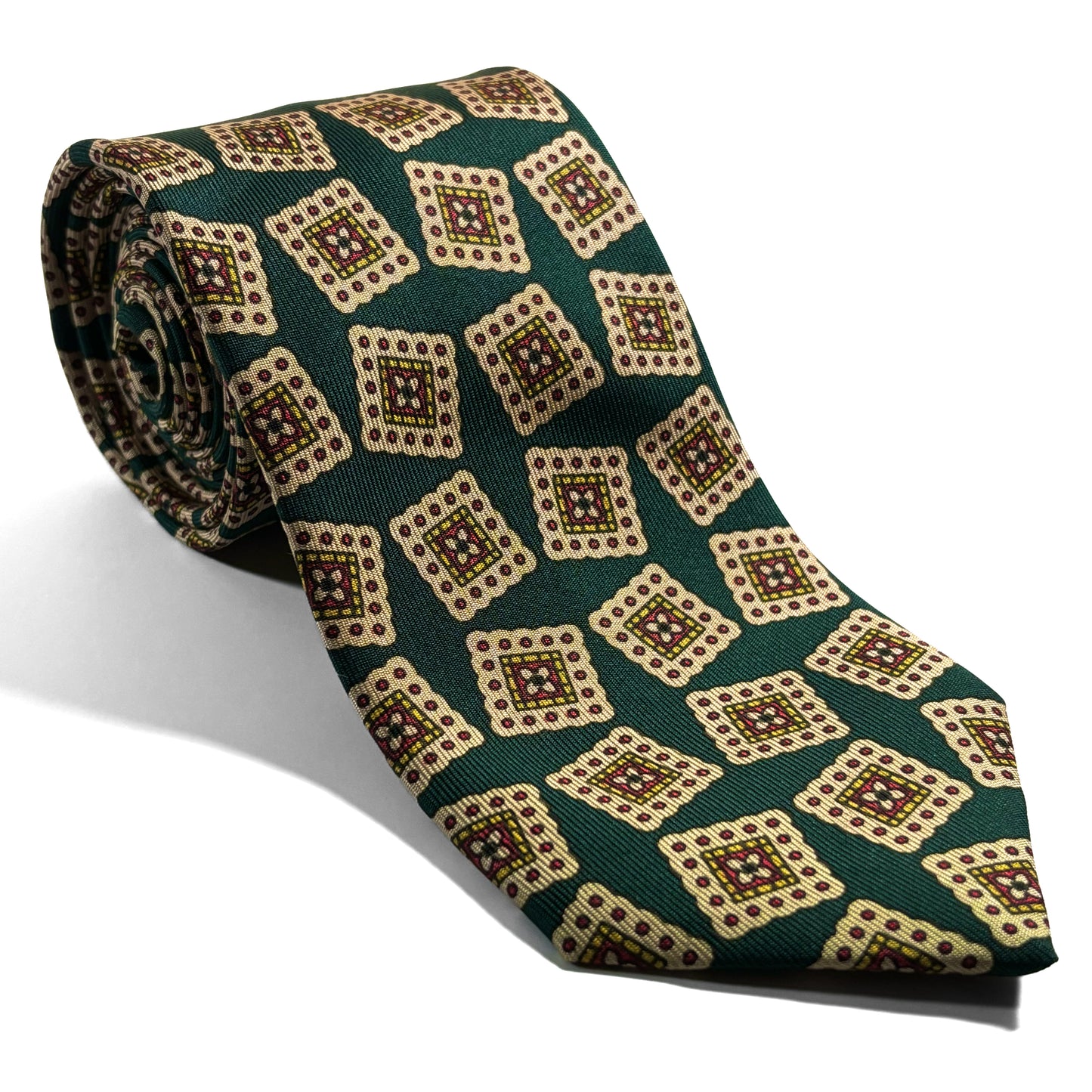 Hand-Printed Bottle Green Block Geometric Silk Tie