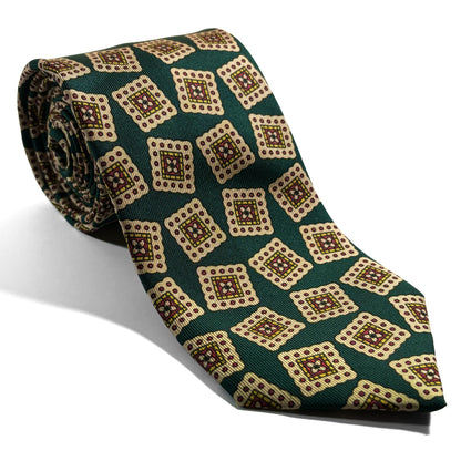 Hand-Printed Bottle Green Block Geometric Silk Tie