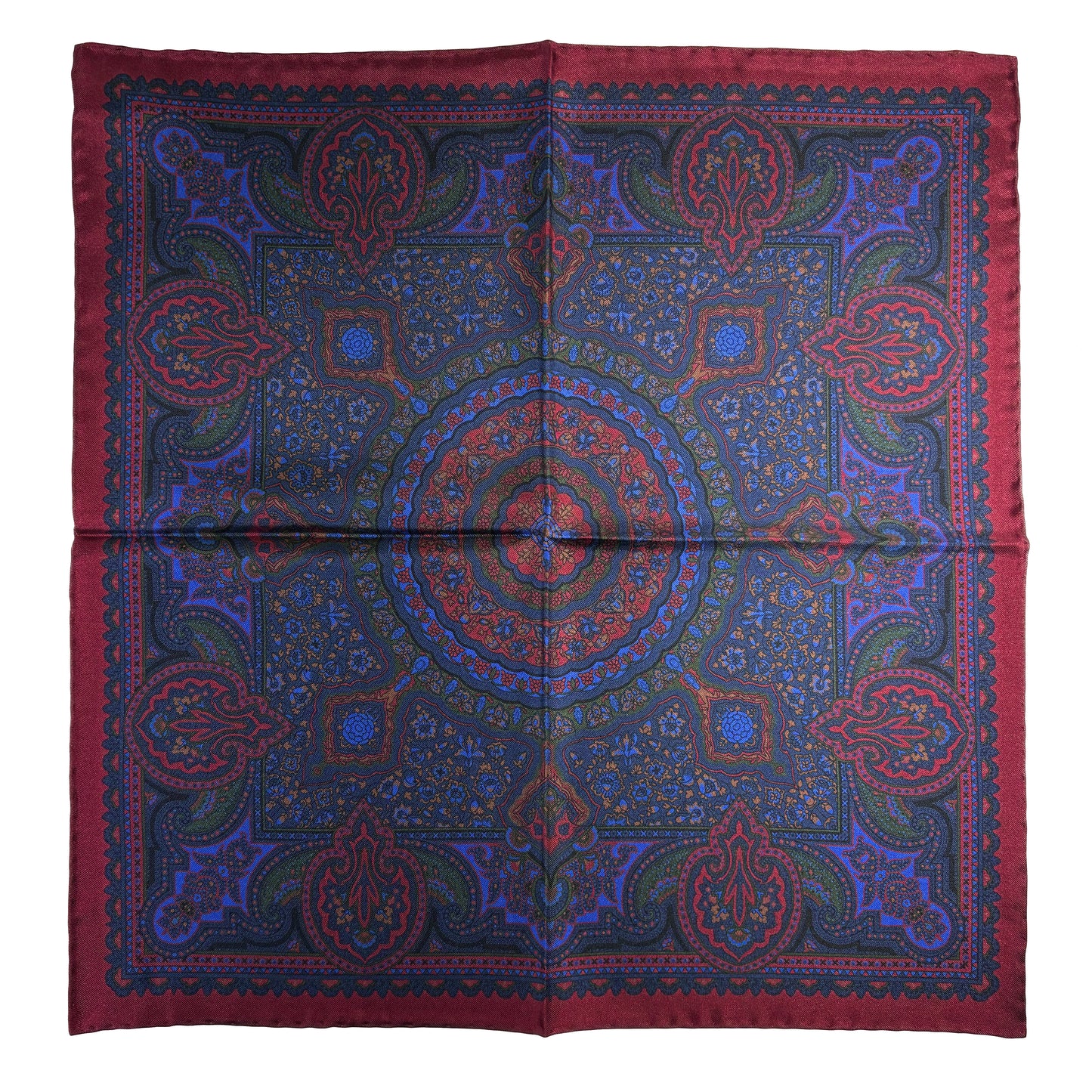 Navy Blue & Burgundy Floral Medallion Ancient Madder Silk Pocket Square