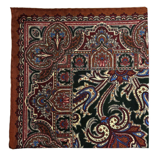 Forest Green & Brown Floral Motif Ancient Madder Silk Pocket Square