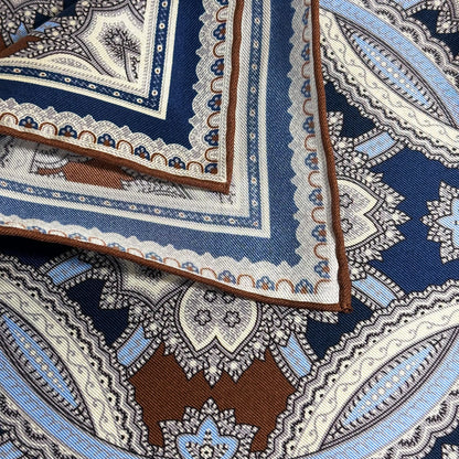 Brown & Light Blue Large Medallion Silk Pocket Square