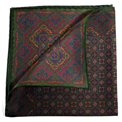 Forest Green & Bronze Geometric Ancient Madder Silk Pocket Square