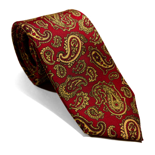 Slim Screen-Printed Red & Cream Paisley Silk Tie