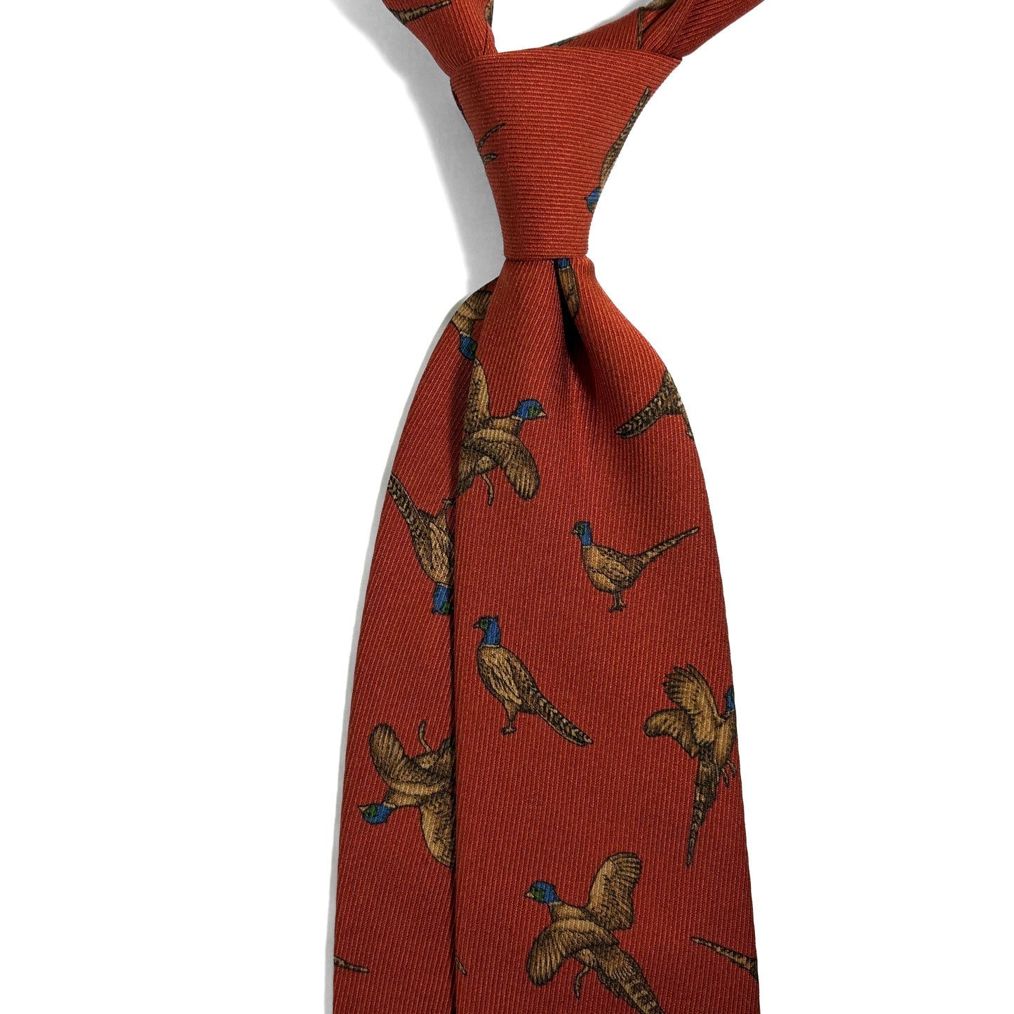 Terracotta Orange Pheasant Print Italian Madder Silk Tie