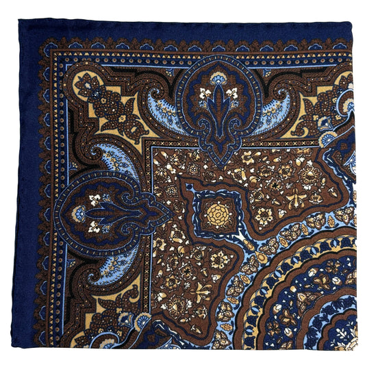 Navy Blue & Brown Floral Medallion Ancient Madder Silk Pocket Square