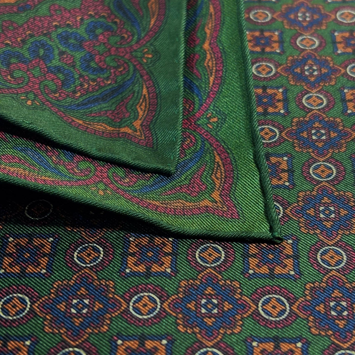 Forest Green & Bronze Geometric Ancient Madder Silk Pocket Square