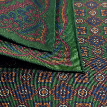 Forest Green & Bronze Geometric Ancient Madder Silk Pocket Square